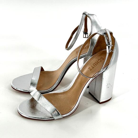 Schutz Cadey Lee Ankle Strap Heels 9.5 Silver Leather NWOT Sandals Block Heel - Picture 3 of 9